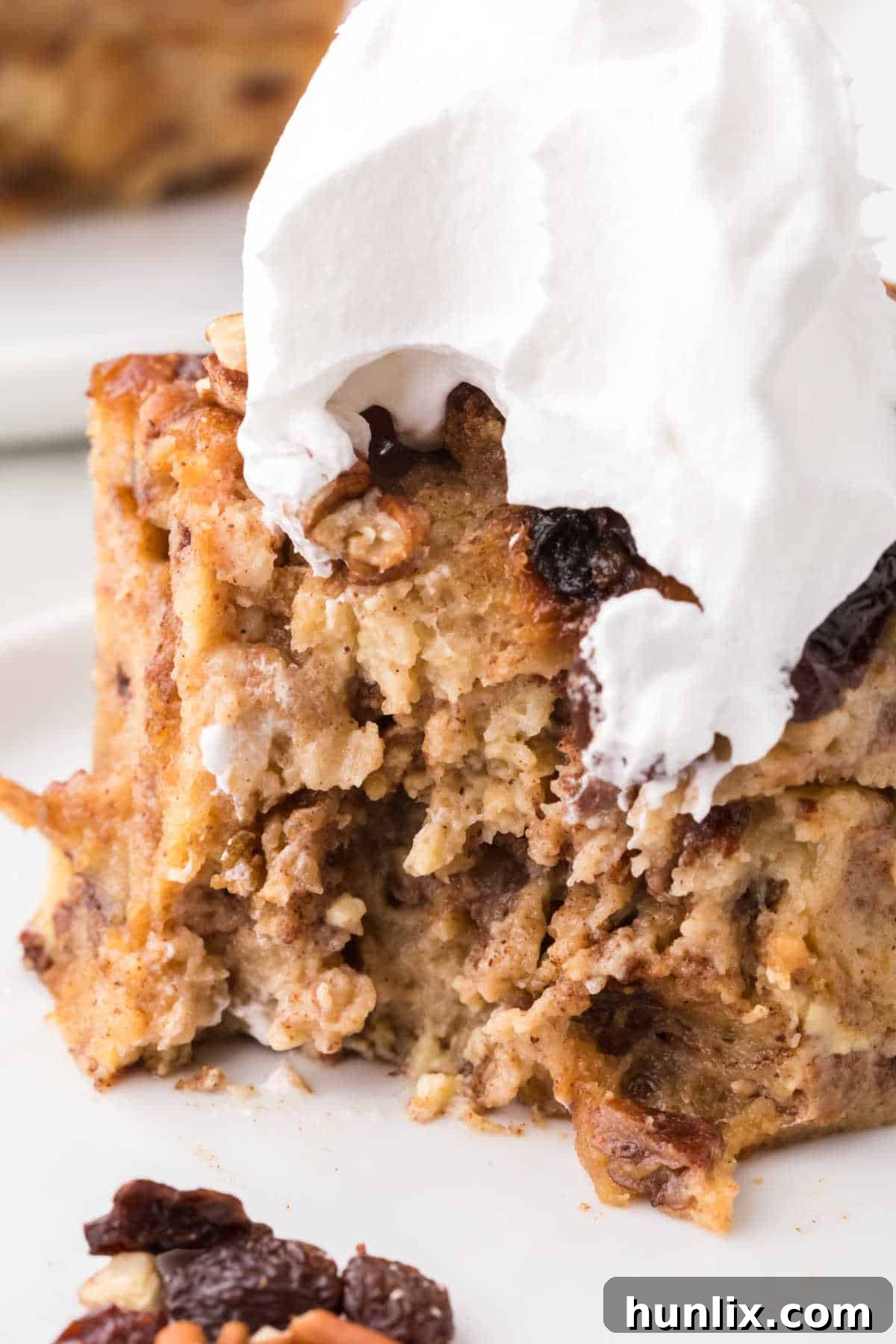 A delectable slice of cinnamon raisin bread pudding garnished with a generous swirl of whipped cream, presented on a clean white plate. The pudding appears moist and perfectly spiced.