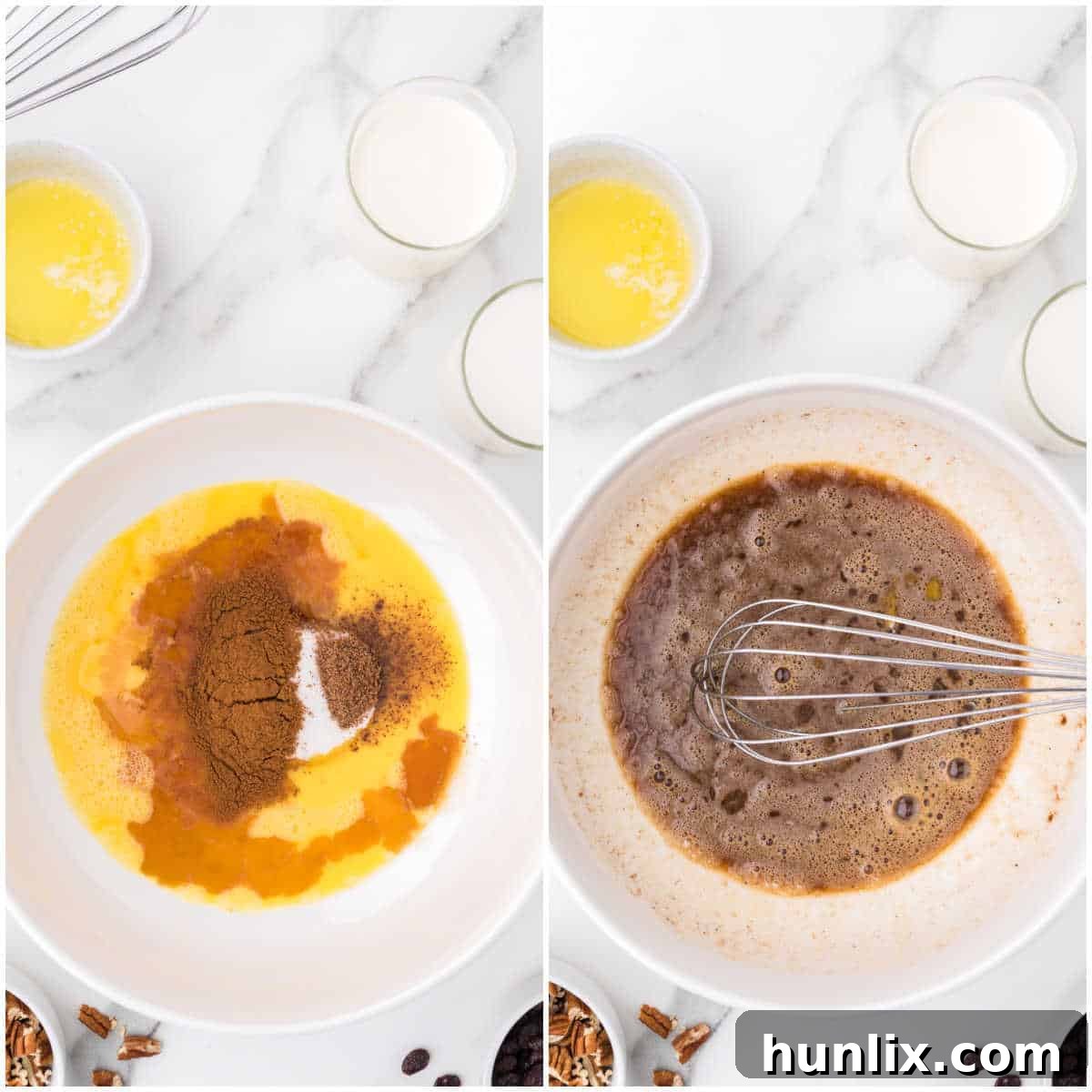 A bowl containing eggs, sugar, cinnamon, nutmeg, and vanilla extract, being whisked to combine the ingredients for the bread pudding custard.