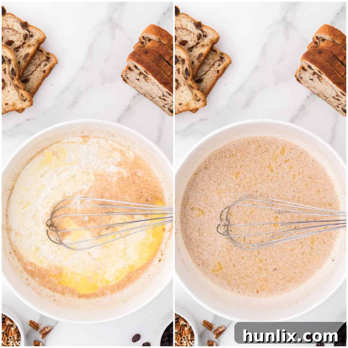A close-up of the bread pudding mixture in a bowl, showing the added milk, heavy cream, butter, raisins, and pecans, ready for the bread.