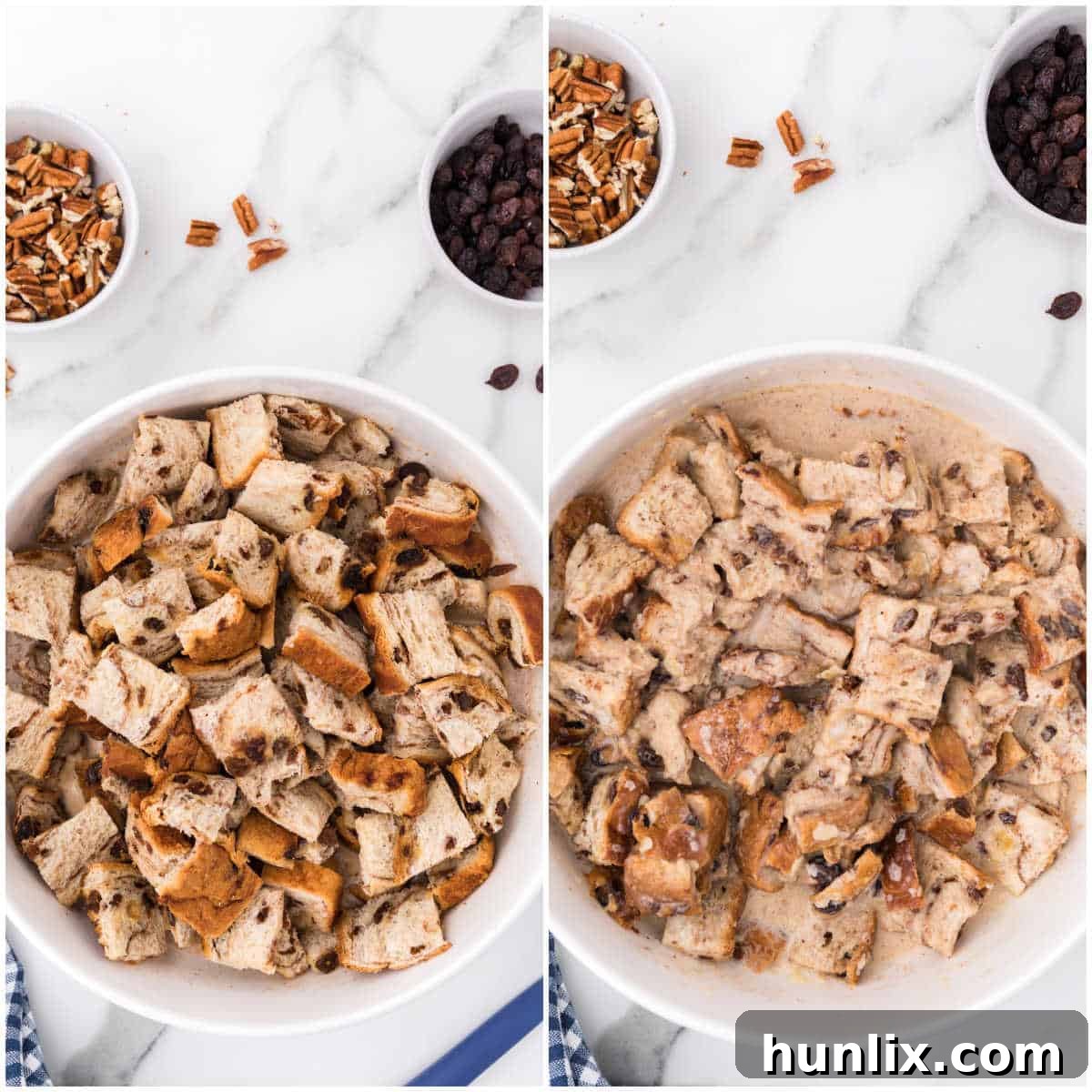 Bread pieces are being gently folded into the custard mixture in a bowl, ensuring they are fully coated before chilling.