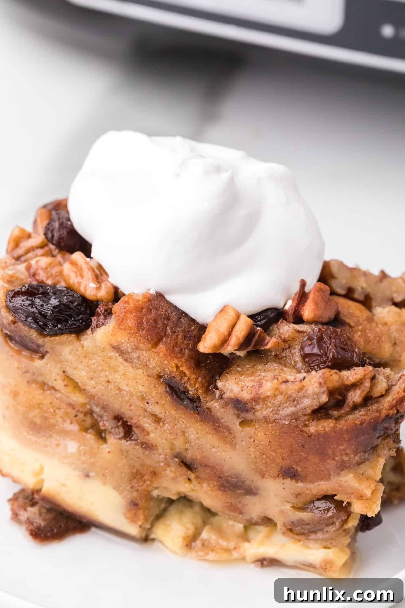 A generous portion of slow cooker cinnamon raisin bread pudding on a plate, showcasing its moist texture and golden crust, with a few stray raisins on top.