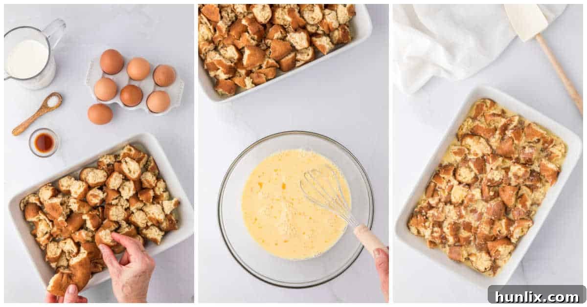 A two-part image collage showing the process of arranging donut pieces in a pan and then pouring the creamy egg mixture over them.