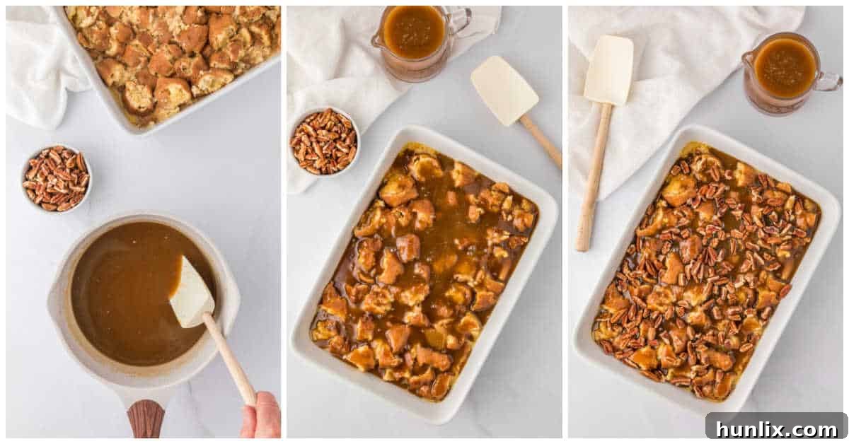 A two-part image collage demonstrating the process of cooking the caramel sauce in a saucepan and then pouring it over the donut casserole.