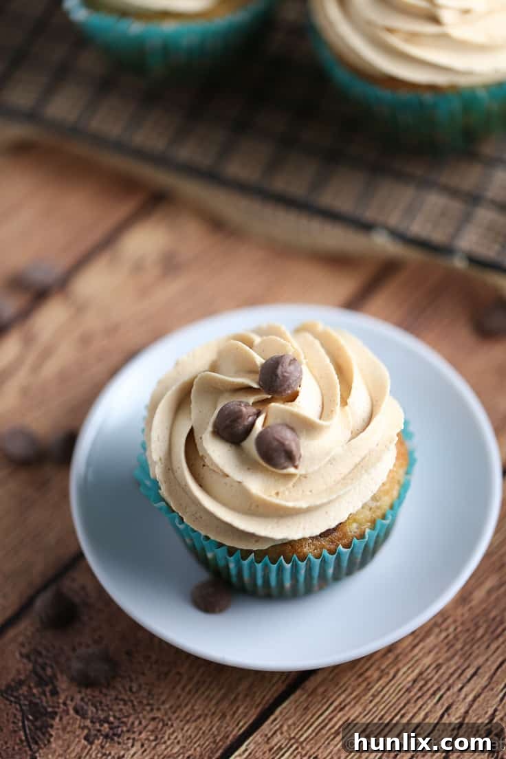 Moist Banana Chocolate Chip Cupcakes with Creamy Peanut Butter Frosting