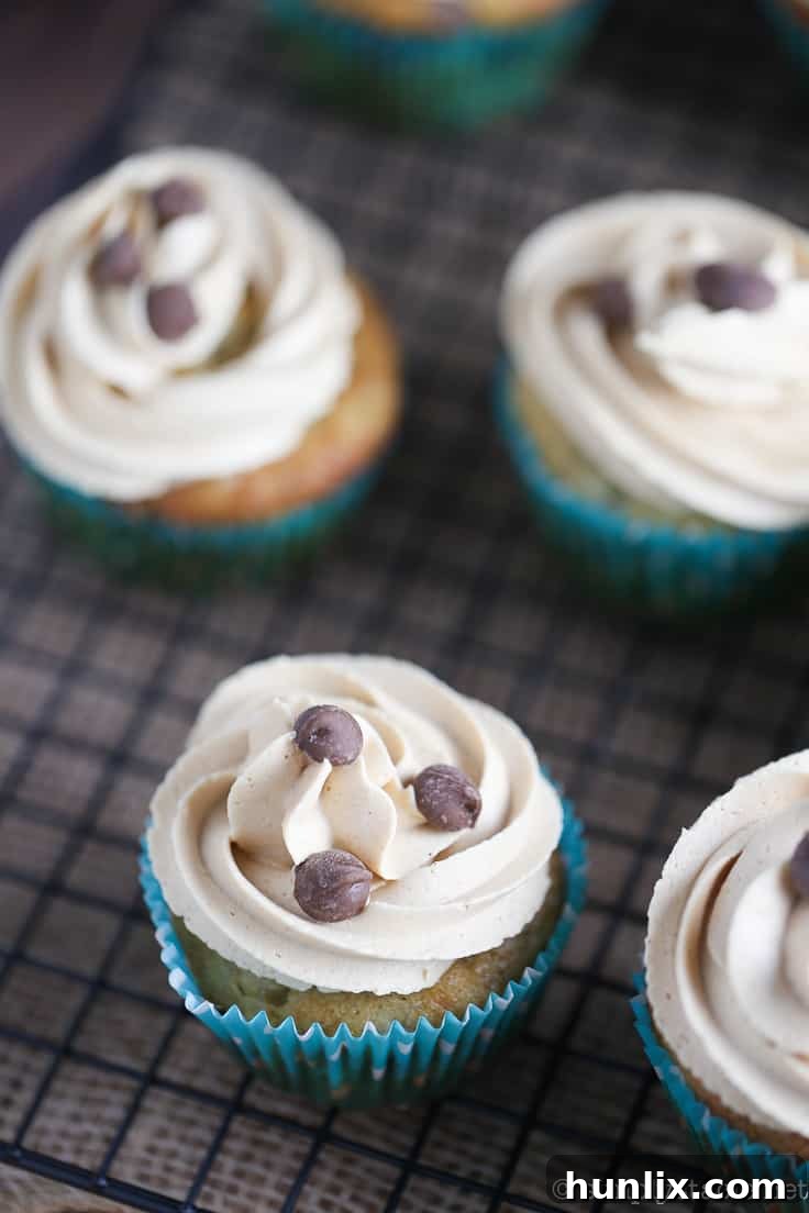 Delicious Banana Chocolate Chip Cupcakes with Peanut Butter Frosting ready to be enjoyed