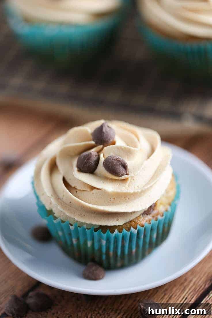 Artfully arranged Banana Chocolate Chip Cupcakes with Peanut Butter Frosting