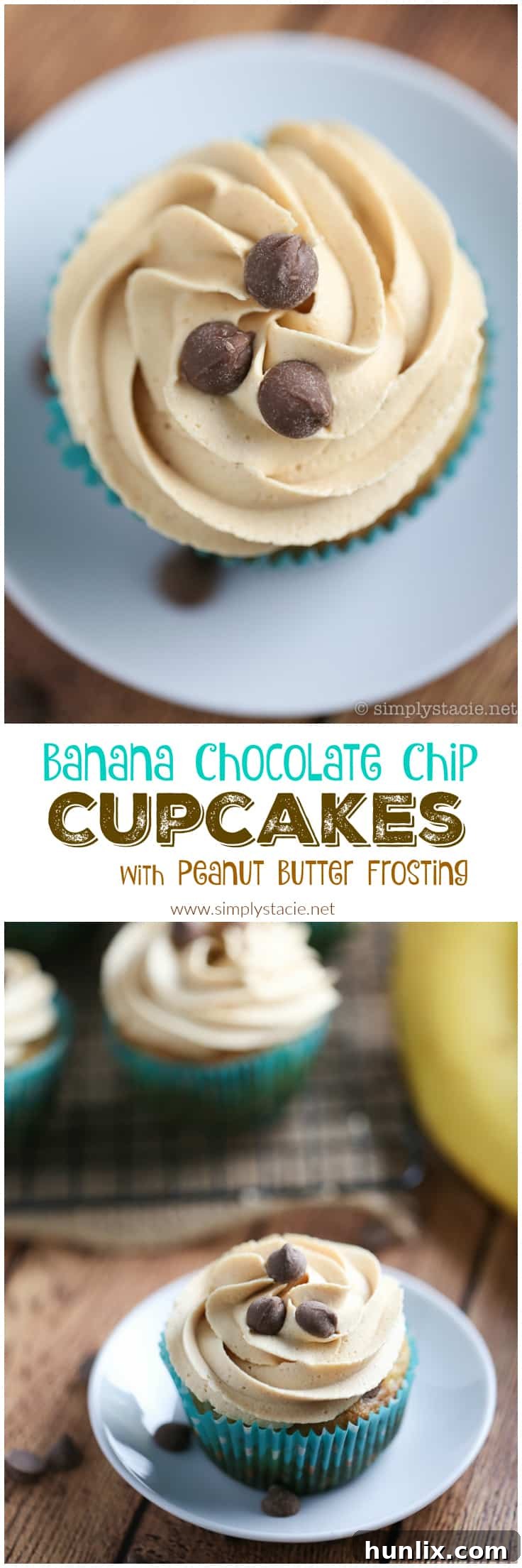 An inviting collage of Banana Chocolate Chip Cupcakes with Peanut Butter Frosting