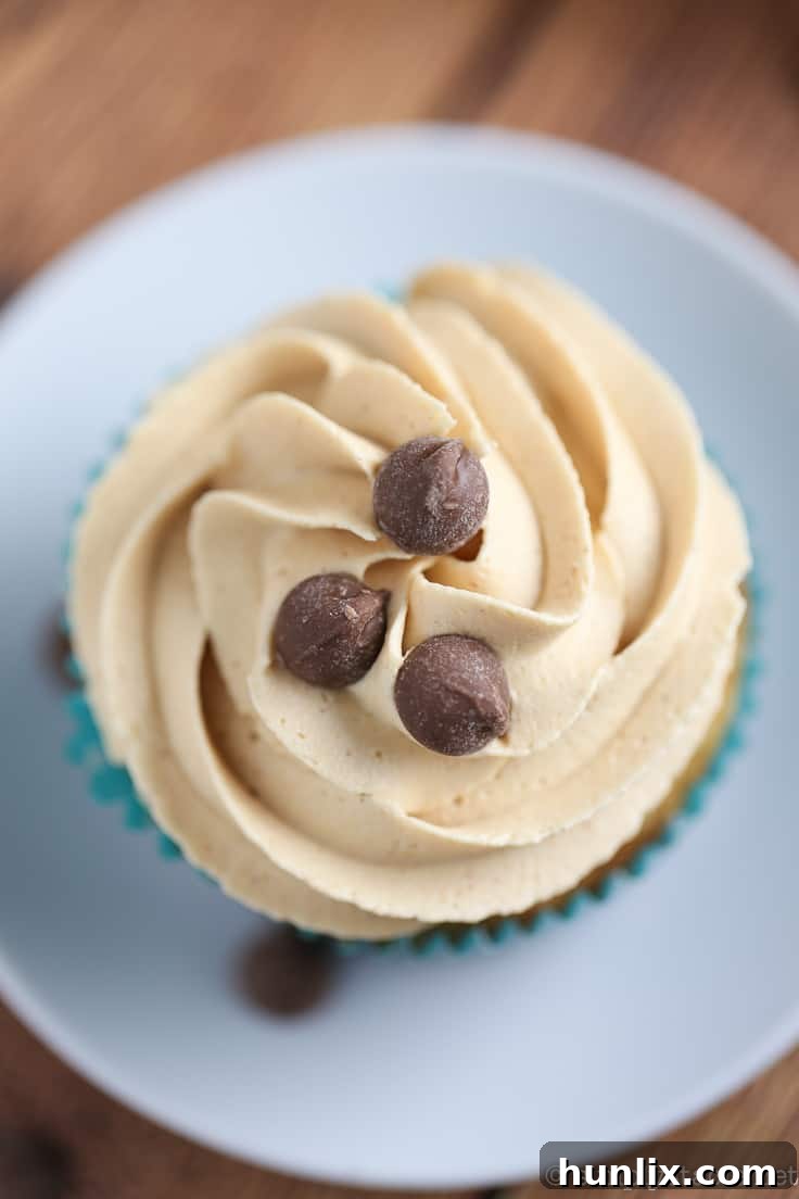 A beautifully frosted banana chocolate chip cupcake