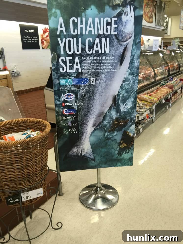 Fresh seafood selection at Loblaws, displaying MSC certified options for a sustainable Seafood Caesar Salad.