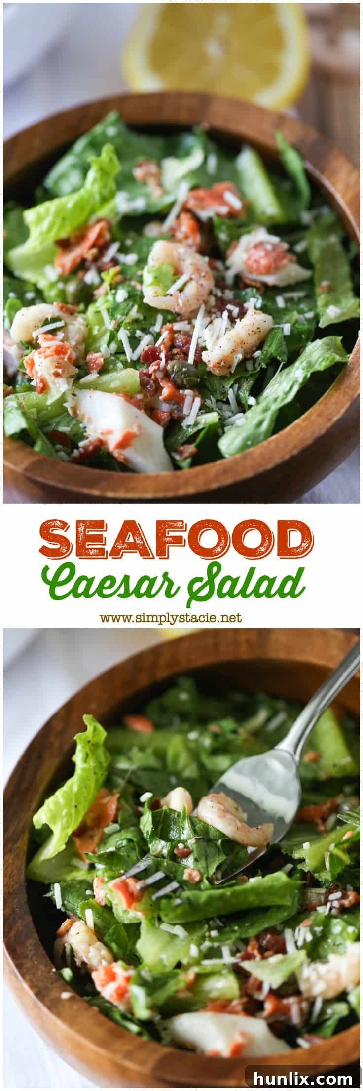 A collage featuring the Seafood Caesar Salad and a serving suggestion in pita bread.