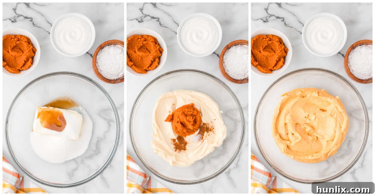 Maple-Kissed Pumpkin Cream Cheese Parcels 4 A collage showing the steps for making the cream cheese filling: softened cream cheese in a bowl, then combined with sugar and vanilla, and finally mixed with pumpkin puree and spices.