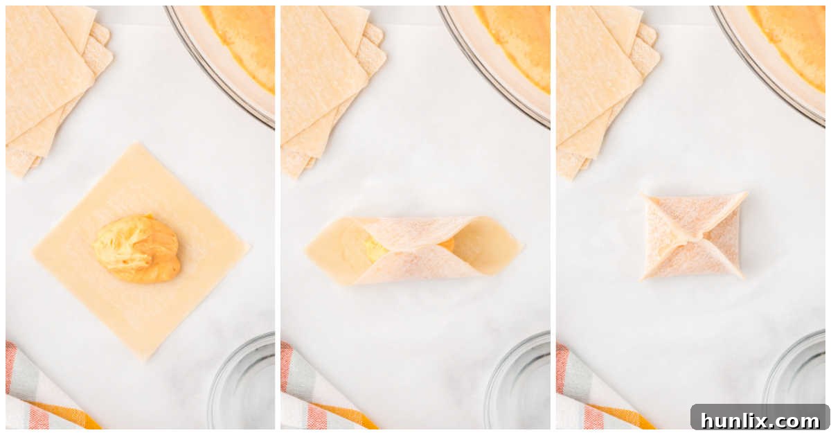 Maple-Kissed Pumpkin Cream Cheese Parcels 5 A collage demonstrating how to assemble the wontons: placing filling on a wrapper, wetting edges, folding into a triangle, and sealing the corners.