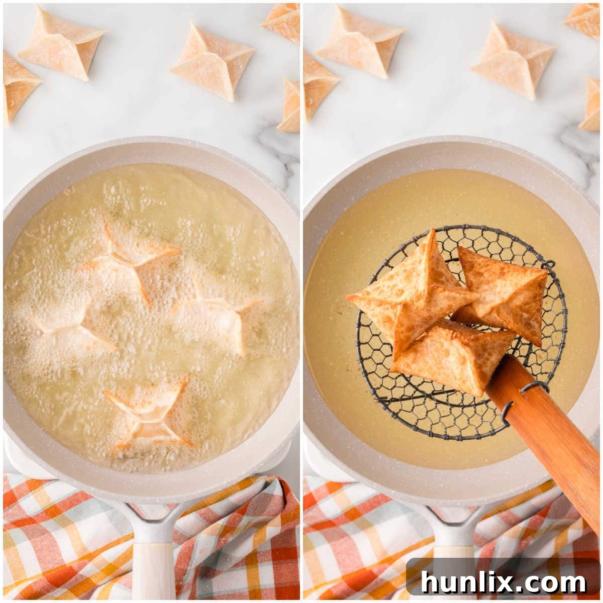 Maple-Kissed Pumpkin Cream Cheese Parcels 6 A collage illustrating the frying process: wontons in hot oil, turning golden, and being removed to a paper towel-lined plate.