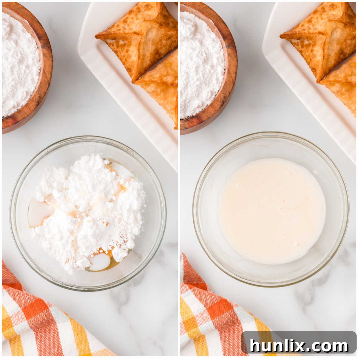 Maple-Kissed Pumpkin Cream Cheese Parcels 7 A collage showing the preparation of the maple glaze: combining powdered sugar, maple syrup, and milk, then whisking, and finally drizzling over the fried wontons.