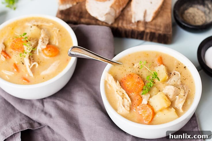 A hearty bowl of creamy chicken and vegetable soup, garnished with fresh herbs, perfect for a comforting meal.