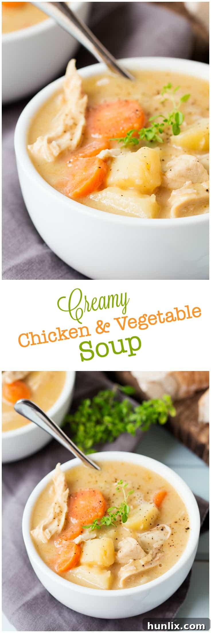 Various images showcasing the creamy chicken and vegetable soup in bowls and during preparation.