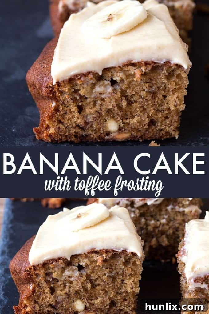 Banana Cake with Toffee Frosting - A deliciously moist banana cake with a rich toffee frosting. It's also easy to make and the perfect way to use up those brown bananas!