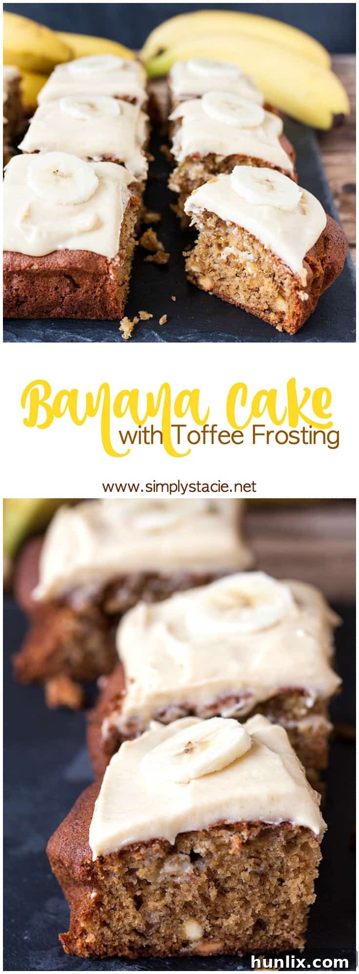 Banana Cake with Toffee Frosting - A deliciously moist banana cake with a rich toffee frosting. It's also easy to make and the perfect way to use up those brown bananas!