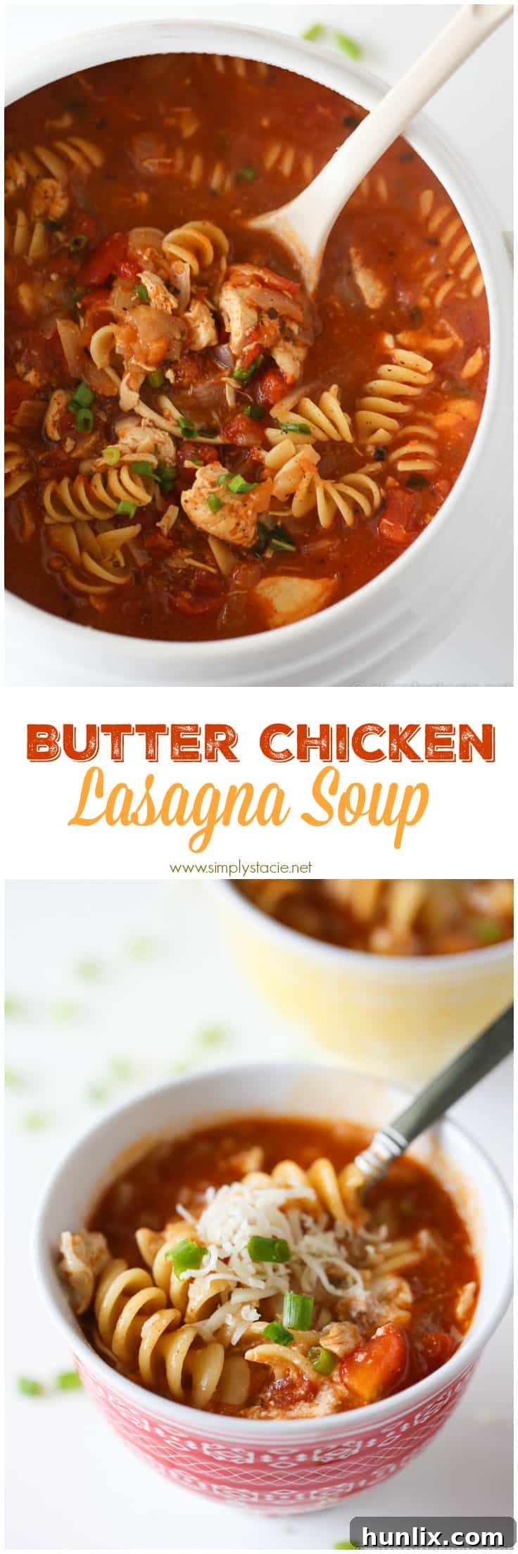 A collage featuring different angles and serving suggestions for the Butter Chicken Lasagna Soup.