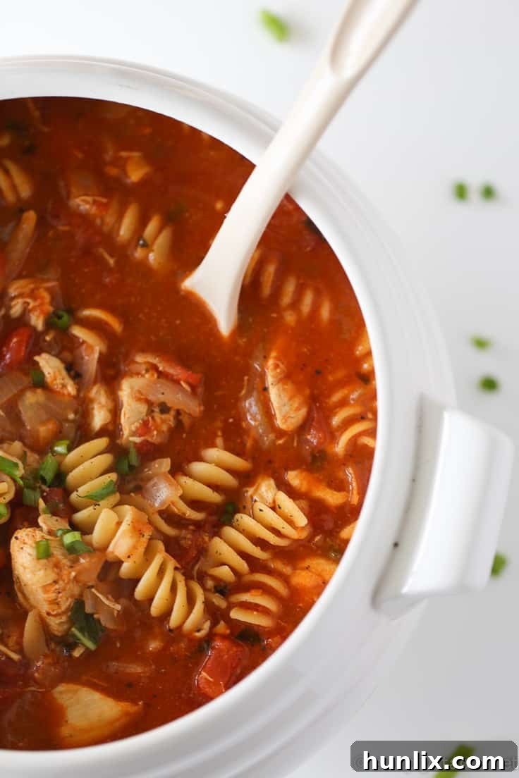 A close-up of a steaming bowl of Butter Chicken Lasagna Soup, showcasing tender chicken, curly pasta, and melted cheese.