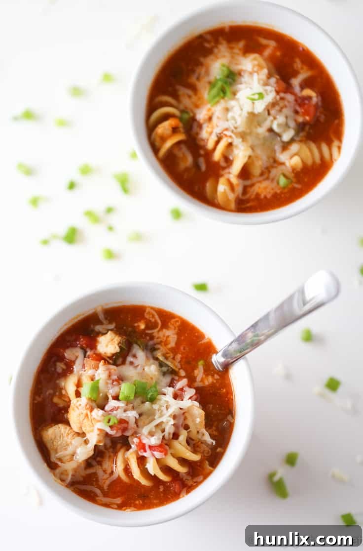 A vibrant and inviting bowl of Butter Chicken Lasagna Soup, garnished with green onions and basil.