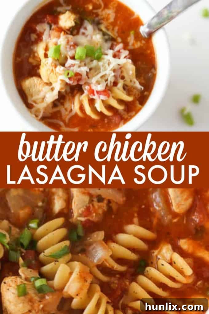 A collage of images featuring the Butter Chicken Lasagna Soup, showing preparation steps and the finished dish.