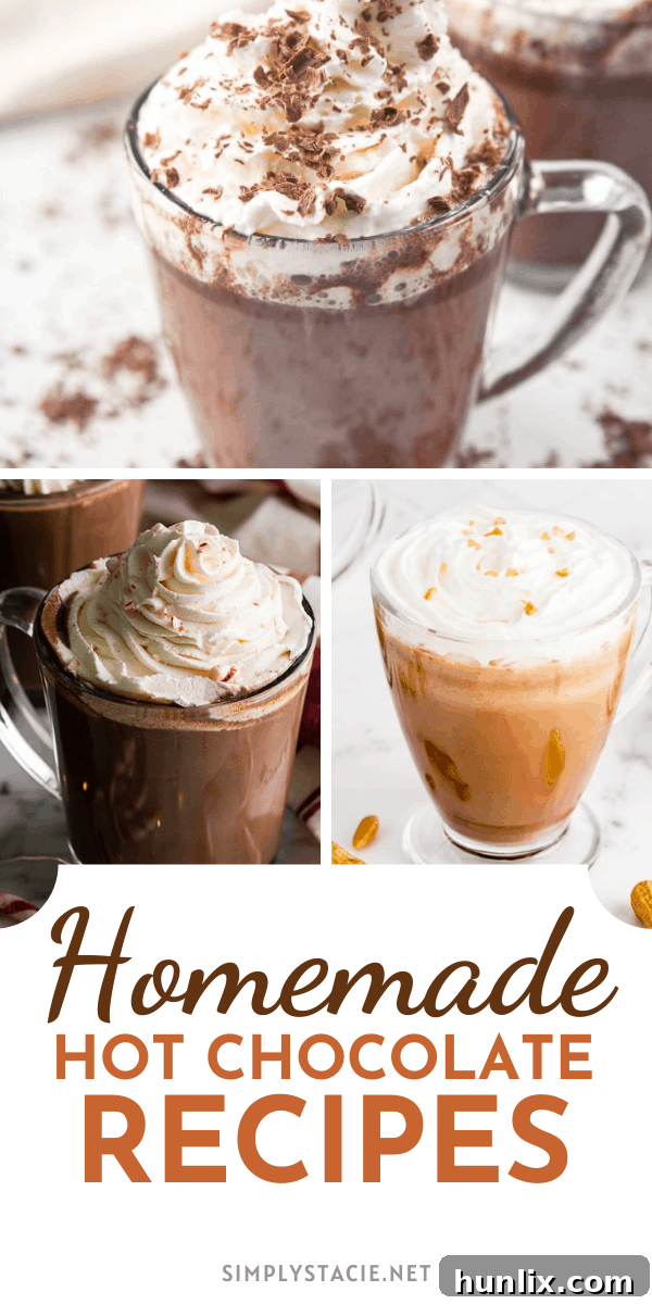 A collage of various delicious homemade hot chocolate recipes, featuring different toppings and flavors.