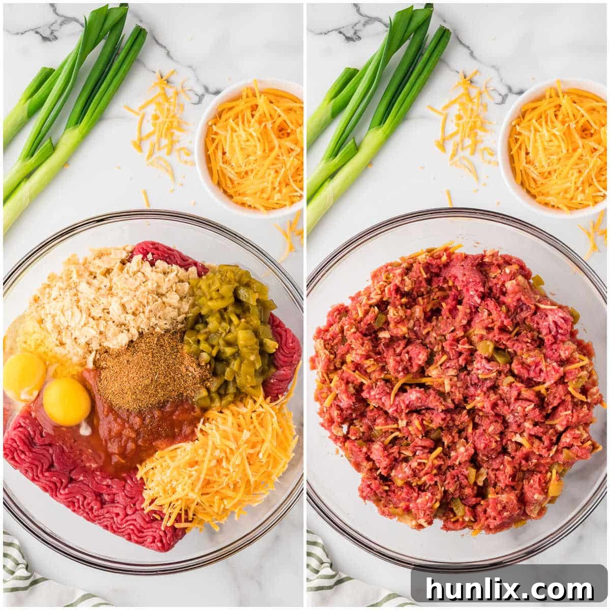 A collage showing the mixing process of Mexican Meatloaf ingredients in a large bowl, highlighting the texture and blend of ground beef, chips, cheese, and spices.