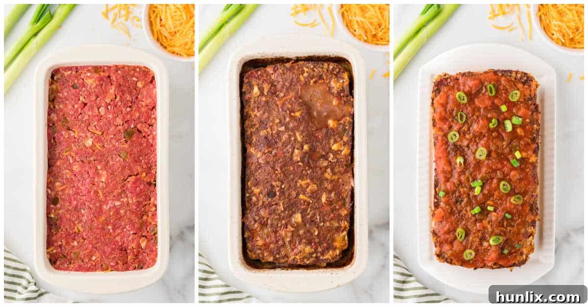 A collage depicting the final stages of preparing Mexican Meatloaf, showing the mixture being pressed into a loaf pan and ready for baking.