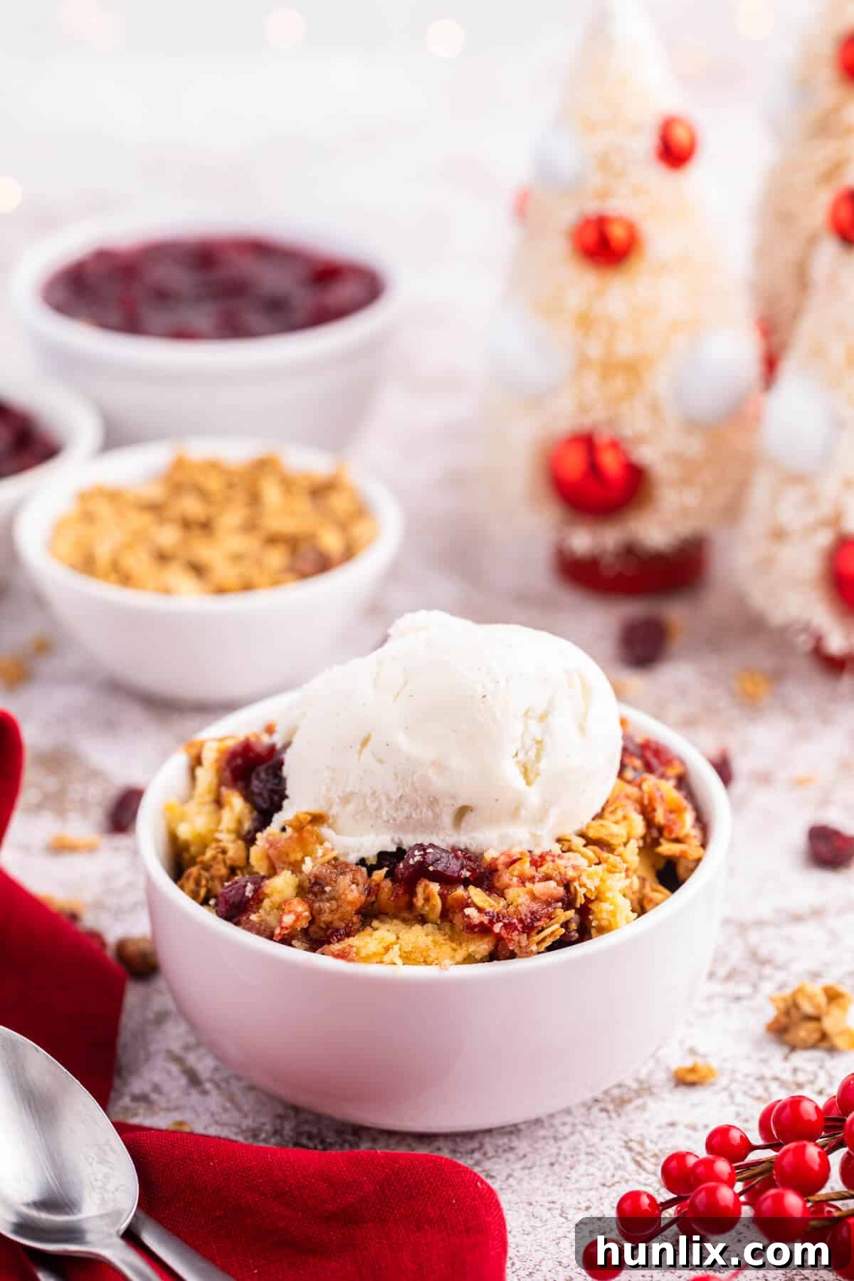Cranberry cobbler dump cake with vanilla ice cream on top.
