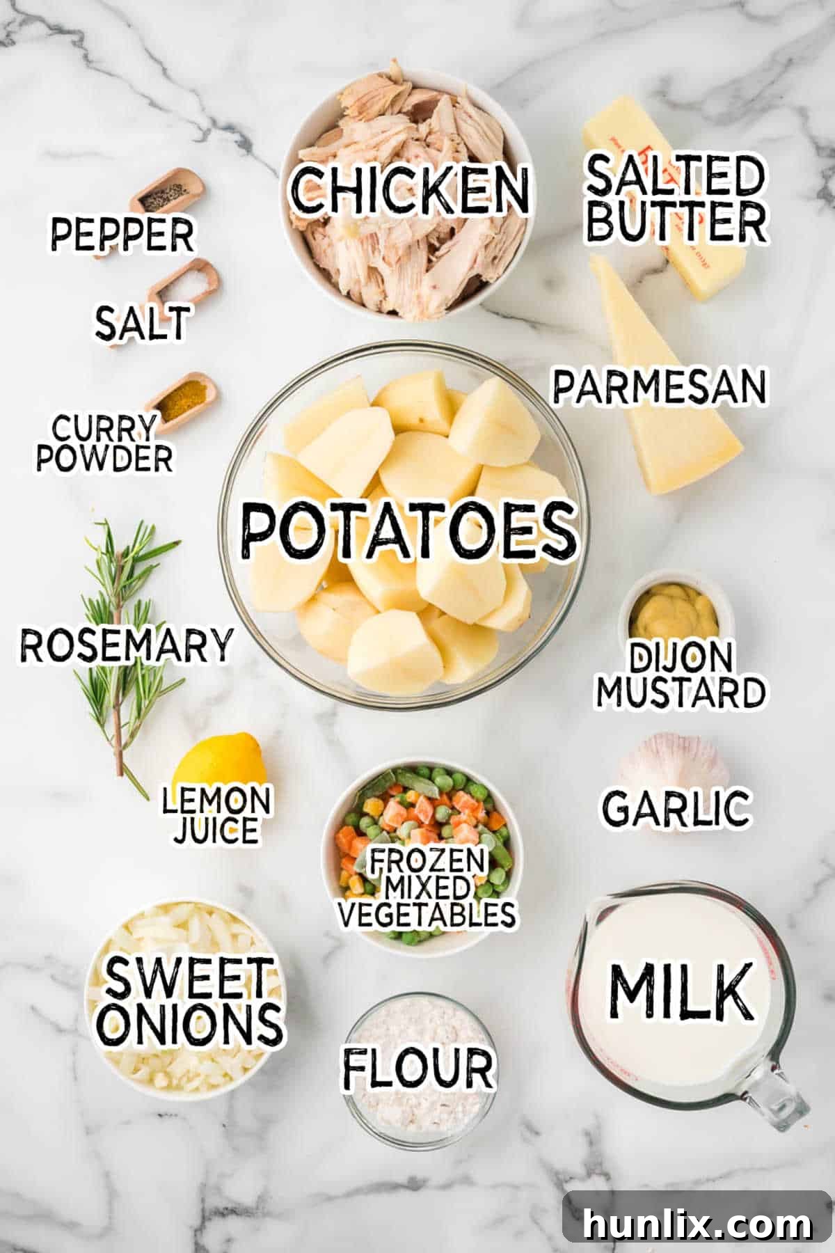 Ingredients on a white marble background.