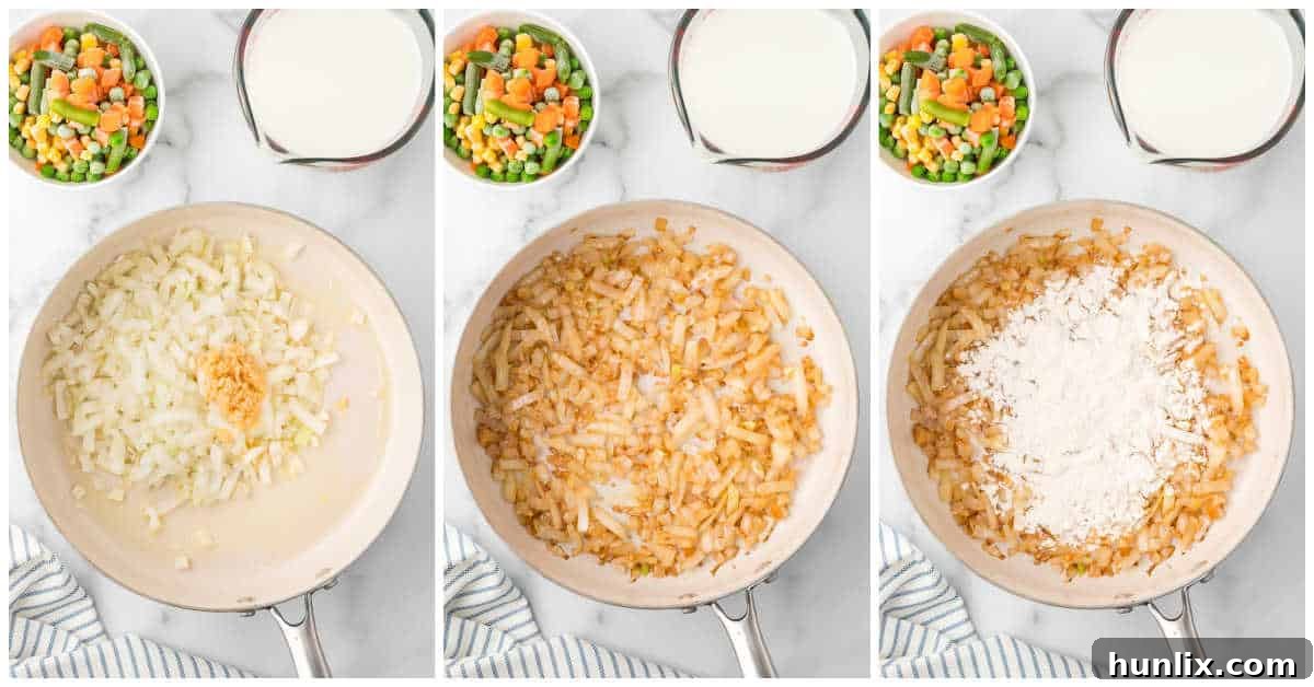 Collage of cooking the onions in a pan.