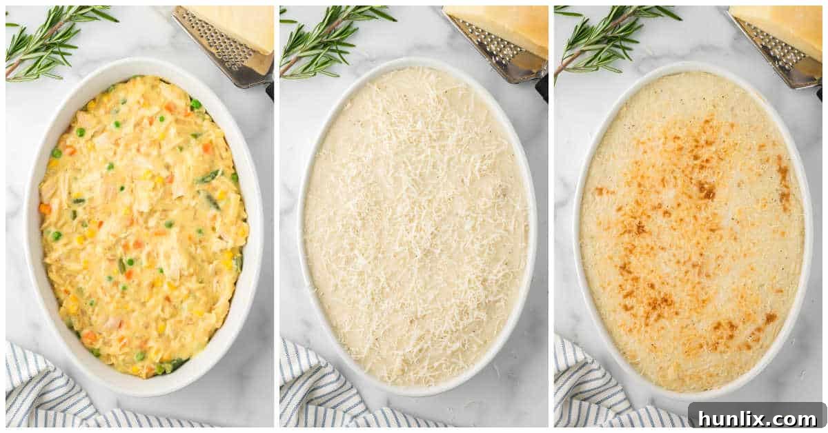 Collage of adding the ingredients to the casserole dish and baking.