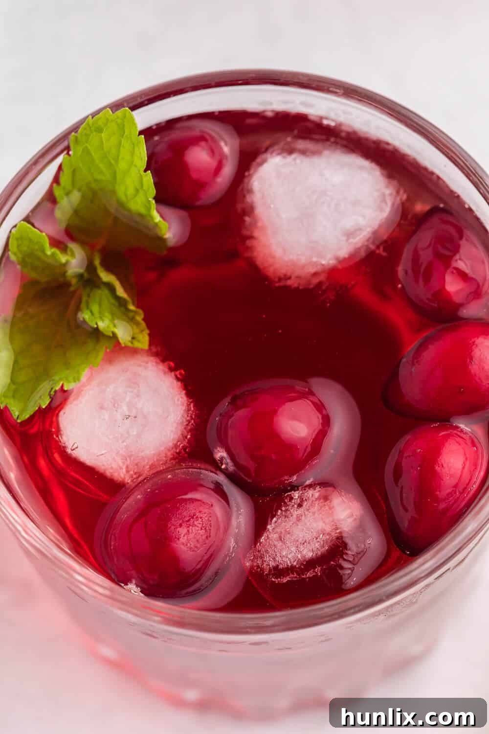 Close up of a glass of cranberry mint mocktail, showing the layers and garnishes.
