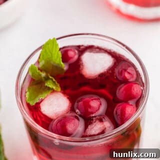 A glass of the Cranberry Mint Mocktail on a white surface.