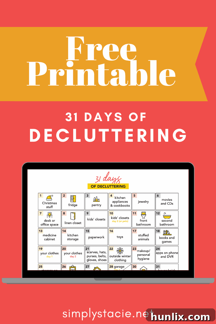 31 Days of Decluttering - Take on the challenge to get your home organized. This printable guide will help you achieve a clutter-free living space.