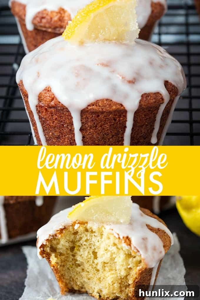 A collage of Lemon Drizzle Muffins from different angles, highlighting their golden tops and glaze.