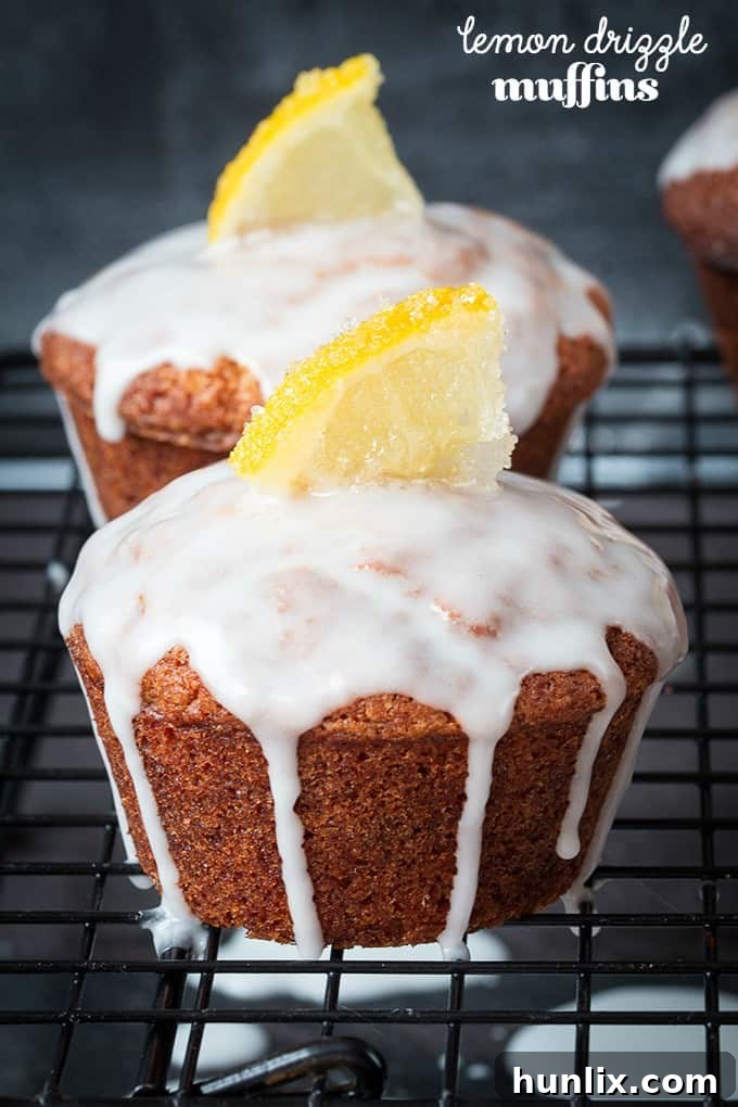 Stacked Lemon Drizzle Muffins with text overlay of recipe title.