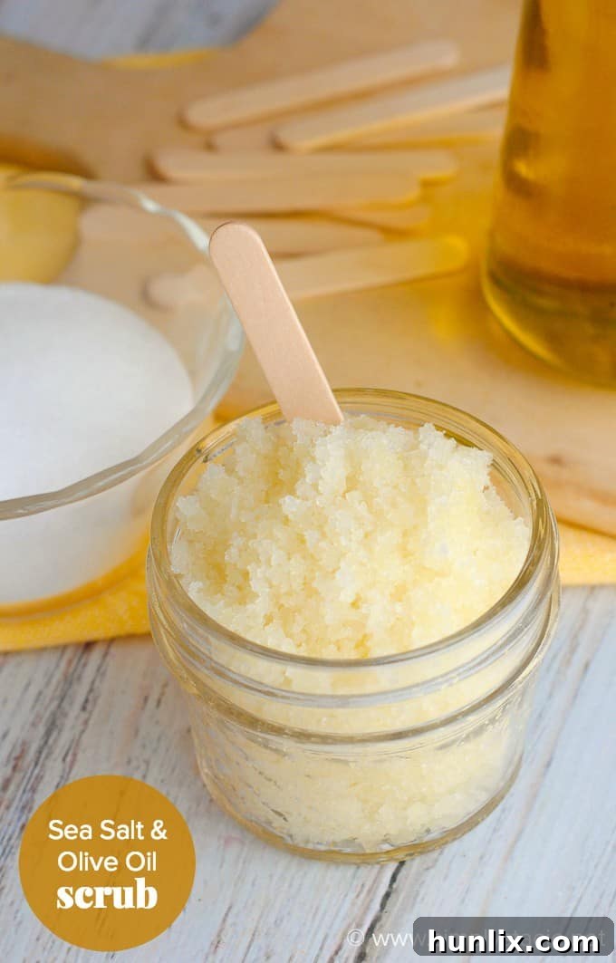Silky Smooth Olive Oil Sea Salt Exfoliator 3 Sea Salt & Olive Oil Scrub - Your skin will feel glorious with this DIY scrub! It's easy to make with pantry ingredients and makes a great gift.