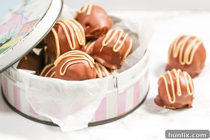 Decadent Peanut Butter Truffles 2 Irresistible No-Bake Peanut Butter Truffles with a rich chocolate coating, ready to be enjoyed