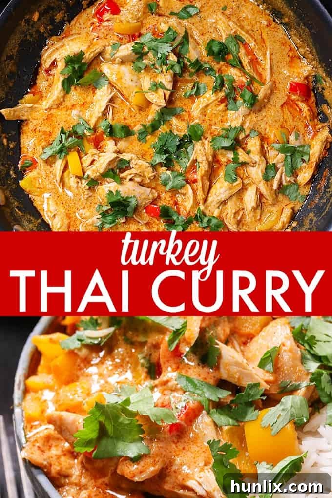 A collage of four images showing Turkey Thai Curry: ingredients, cooking process, and the finished dish, emphasizing its ease and flavor.