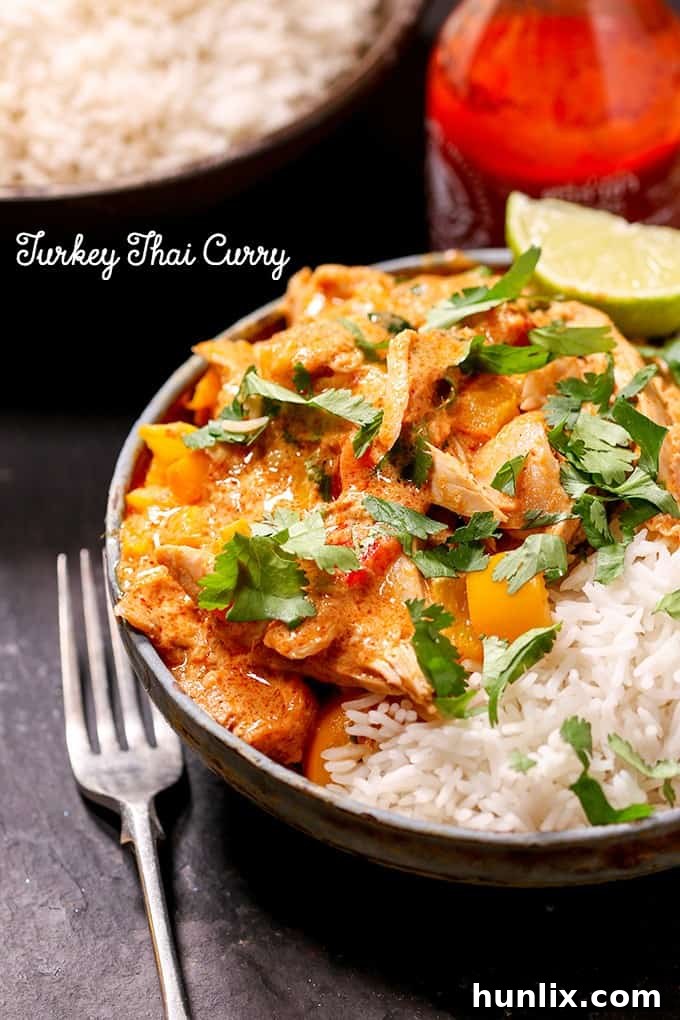 A bowl of Turkey Thai Curry garnished with fresh cilantro, a spoon ready to serve. Highlighted as a quick, flavorful leftover turkey meal.