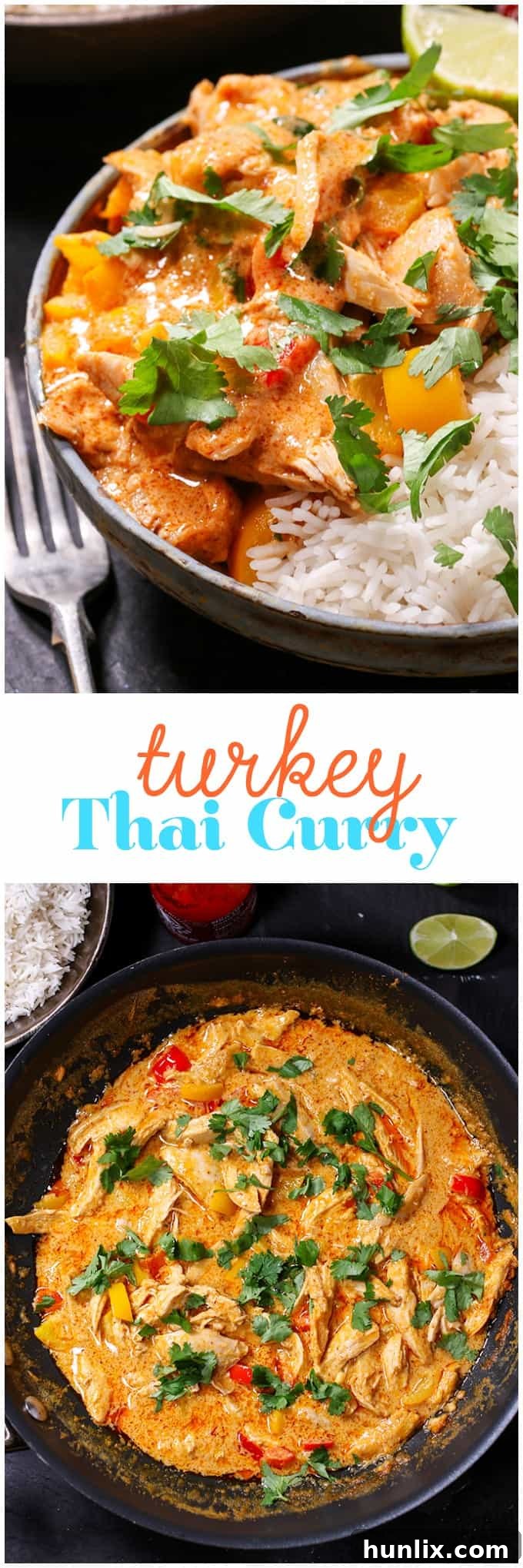 A vibrant collage showcasing Turkey Thai Curry: a bowl of curry, fresh ingredients, and the finished dish from different angles.