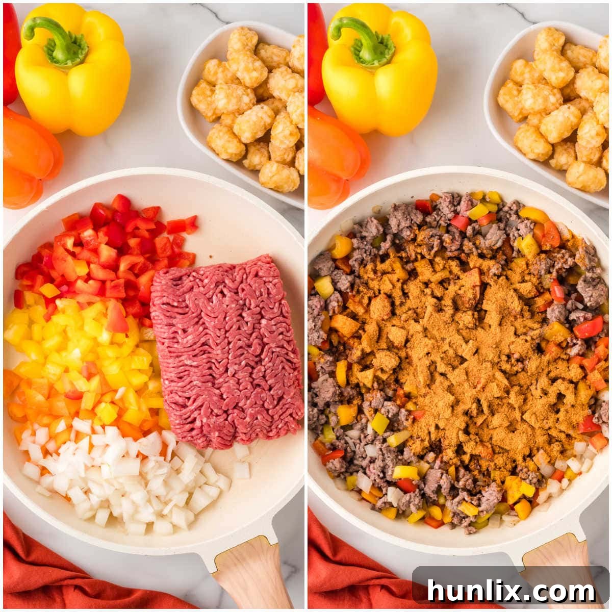 Collage of cooking the beef with the veggies and spices.