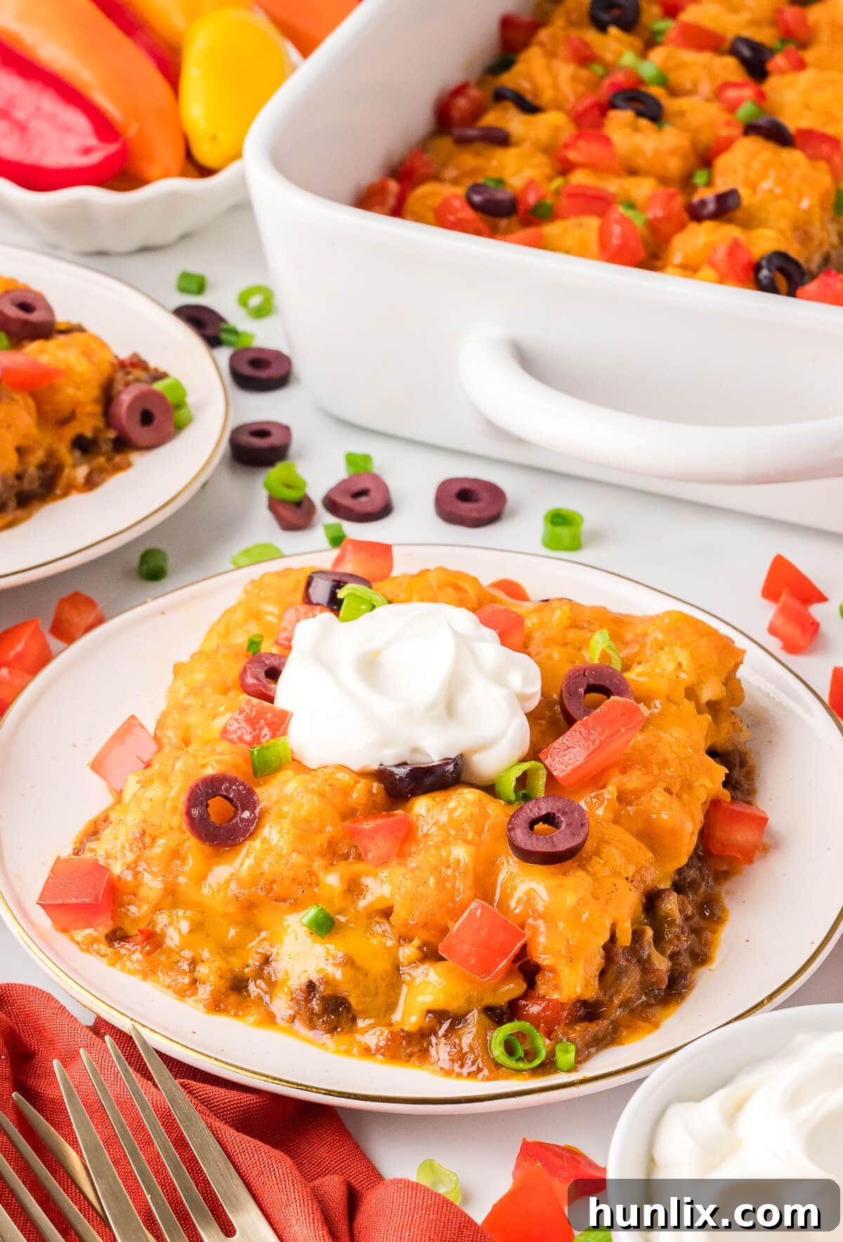 A slice of the casserole on a plate.