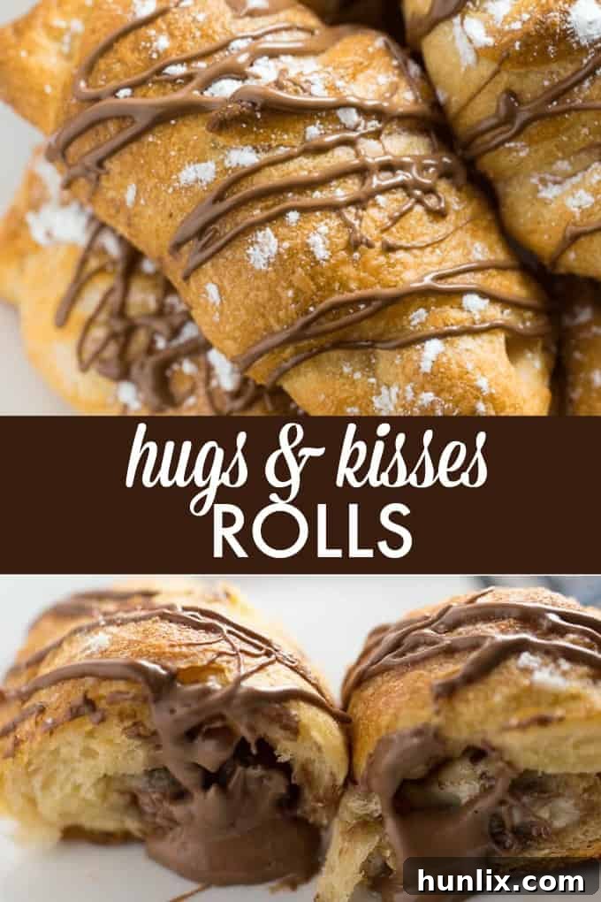 Sweet Hugs and Kisses Rolls 7 Hugs & Kisses Rolls - Imagine melted Hershey's Hugs and Hershey's Kisses tucked inside a warm crescent roll. Add a little powdered sugar and chocolate drizzle and you have yourself a heavenly treat! The perfect indulgence.
