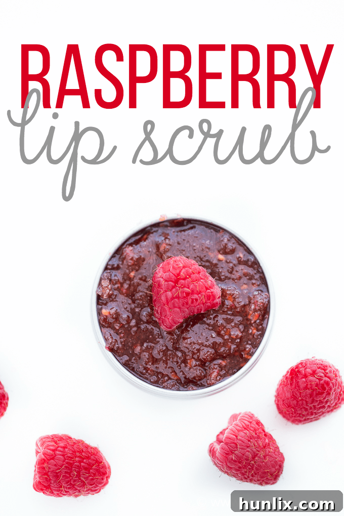 Raspberry Kiss Lip Polish 9 Text overlay: Raspberry Lip Scrub - Get soft, kissable lips with this simple DIY beauty recipe. It's made with three natural ingredients that you may already have in your home!