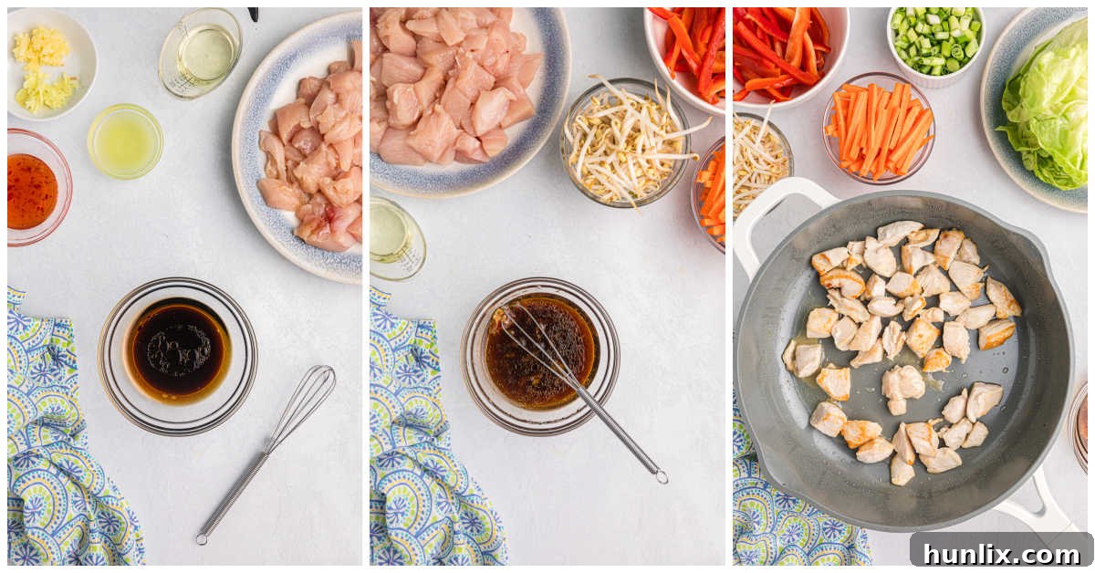 First steps of making Asian chicken lettuce wraps, showing chicken cooking in a skillet.