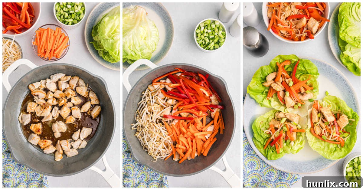 Assembled Asian chicken lettuce wraps being garnished with green onions.