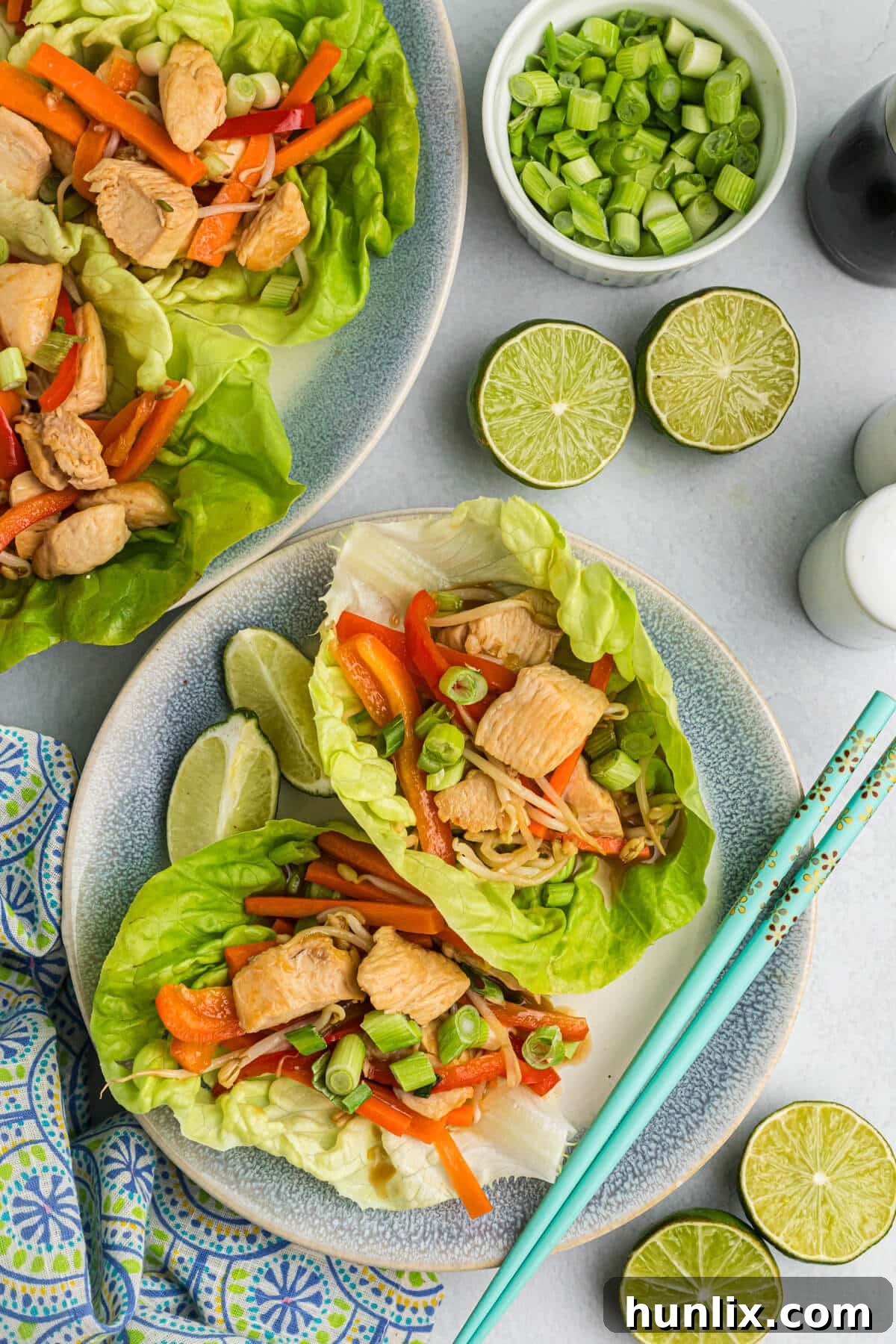 Plated Asian chicken lettuce wraps with a side of sauce.